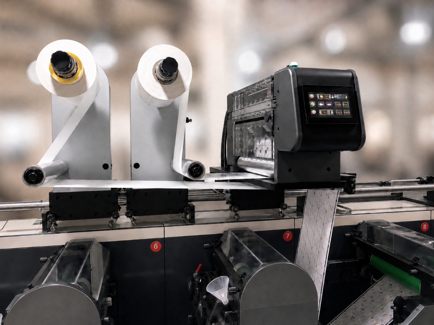 Black SVX unit installed on a narrow-web press with label stock running through the machine